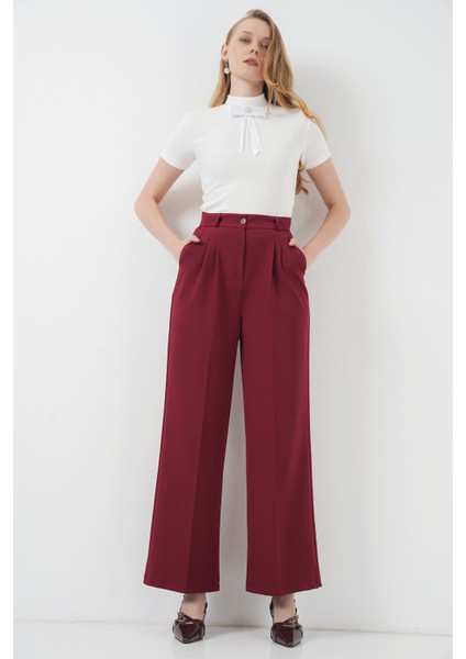 6647 Bol Paça Kumaş Pantolon - Bordo indirimleri