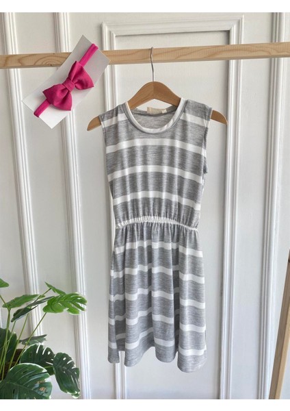 0011 - Gri Beyaz Çizgili Elbise Fuşya Bandana Takım fiyatları