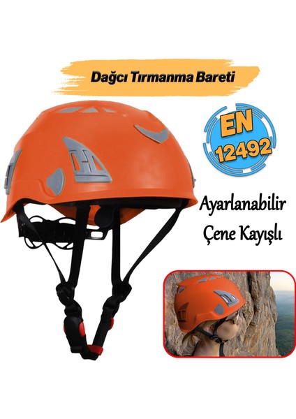 Dağcı Tırmanma Bareti Turuncu Renk Baş Koruyucu Kask Ce EN12492 Sertifikalı 51-62 cm Ayarlanabilir