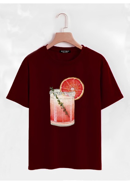 Unisex Oversize Bisiklet Yaka Orange Cocktail Baskılı Basic T-Shirt - Bordo