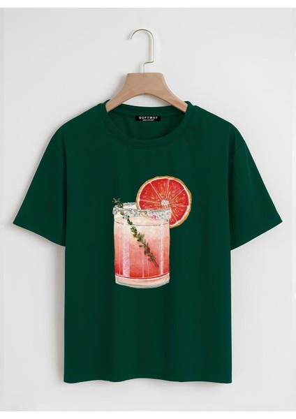 Unisex Oversize Bisiklet Yaka Orange Cocktail Baskılı Basic T-Shirt - Koyu Yeşil
