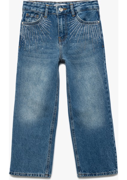 Pamuklu Taşlı Geniş Paça Jean Pantolon