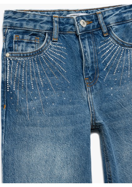 Pamuklu Taşlı Geniş Paça Jean Pantolon