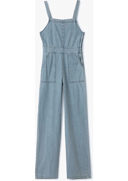 Kare Yaka Cepli Dikiş Detaylı Kolsuz Denim Tulum
