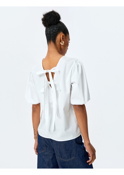 Fiyonk Detaylı Poplin Pamuklu Bisiklet Yaka Balon Kollu Oversize Bluz
