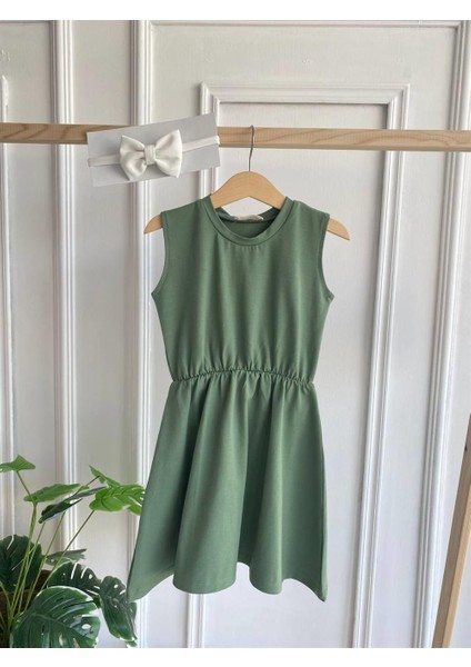 0009 - Kız Çocuk Çağla Yeşil Elbise Krem Toka Takım fiyatları
