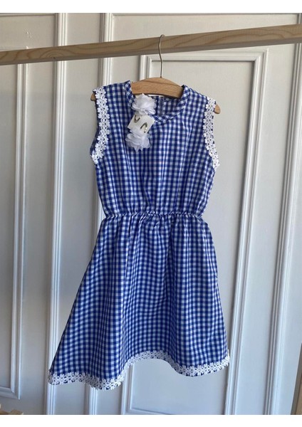 0003 - Kız Çocuk Mavi Pötikare Fistolu Elbise Beyaz Toka Takım modelleri