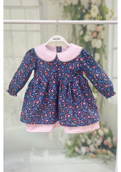Çiçekli Kız Çocuk Bebek Dantelli Bebe Yaka Mavi Pembe Pamuk Elbise