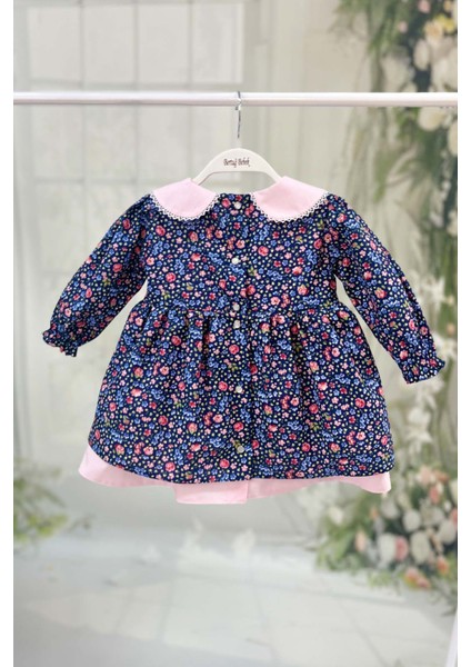 Çiçekli Kız Çocuk Bebek Dantelli Bebe Yaka Mavi Pembe Pamuk Elbise modelleri