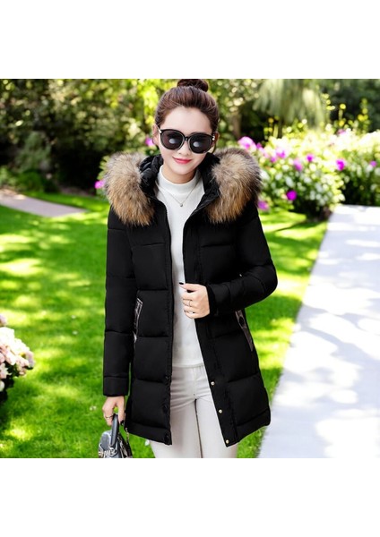 Kışlık Kürklü Kapüşonlu Uzun Şişme Mont