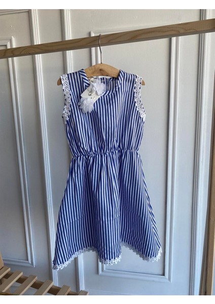 0016 - Mavi Beyaz Çizgili Fistolu Elbise Beyaz Toka Takım modelleri