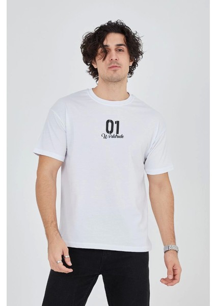 Erkek Bisiklet Yakalı Baskılı T-Shirt - Beyaz