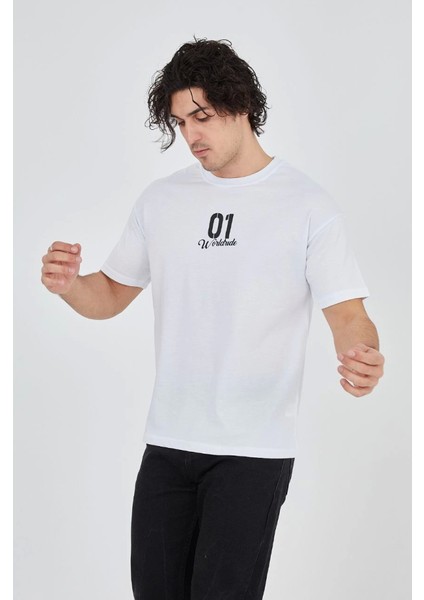 Erkek Bisiklet Yakalı Baskılı T-Shirt - Beyaz fiyatları