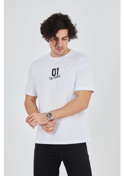 Erkek Bisiklet Yakalı Baskılı T-Shirt - Beyaz modelleri