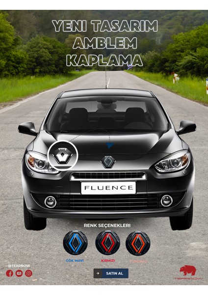 Tearnow Renault Fluence (2009-2012) Yeni Tasarım Amblem Kaplama Sticker - Piano Black, Siyah & Gri