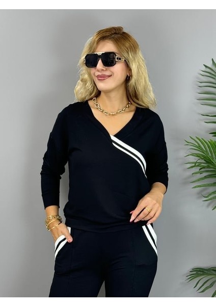 Kadın Ribana Detay Bluz ve Ispanyol Paça Yırtmaçlı Pantolon Ikili Takım modelleri