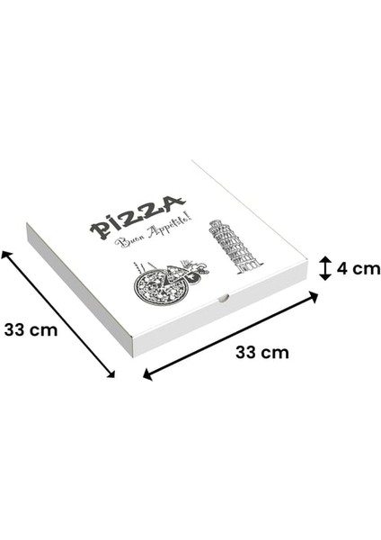 33X33X4 - 50 Adet - Baskılı Beyaz Pizza Kutusu (Kraft)
