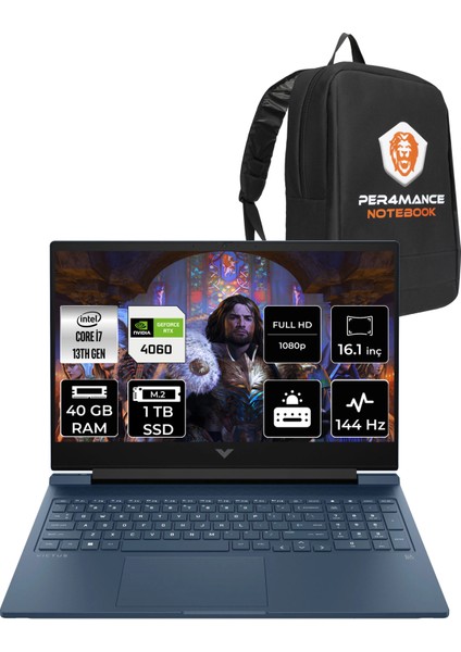 Victus 16 Intel Core i7 13700H 40GB 1TB SSD RTX4060/8GB 16.1" FHD 144Hz FDOS Taşınabilir Bilgisayar & PER4 Çanta 8B5Z9EAPN323
