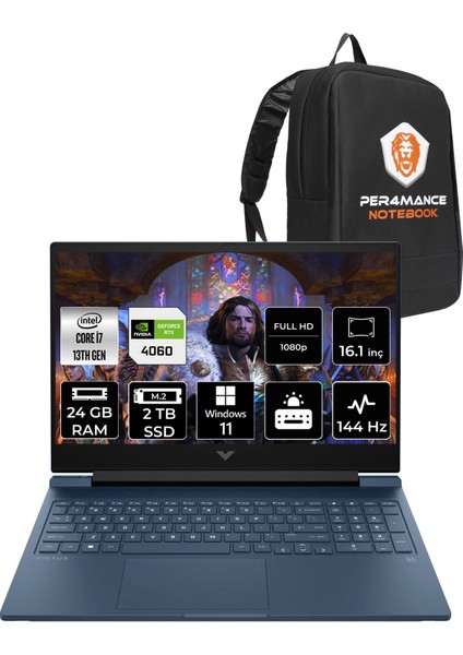 Victus 16 Intel Core i7 13700H 24GB 2TB SSD RTX4060/8GB 16.1" FHD 144Hz W11H Taşınabilir Bilgisayar & PER4 Çanta 8B5Z9EAPN354
