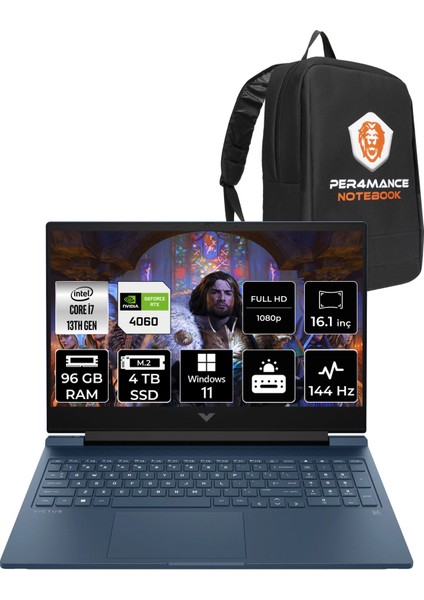 Victus 16 Intel Core i7 13700H 96GB 4TB SSD RTX4060/8GB 16.1" FHD 144Hz W11H Taşınabilir Bilgisayar & PER4 Çanta 8B5Z9EAPN380