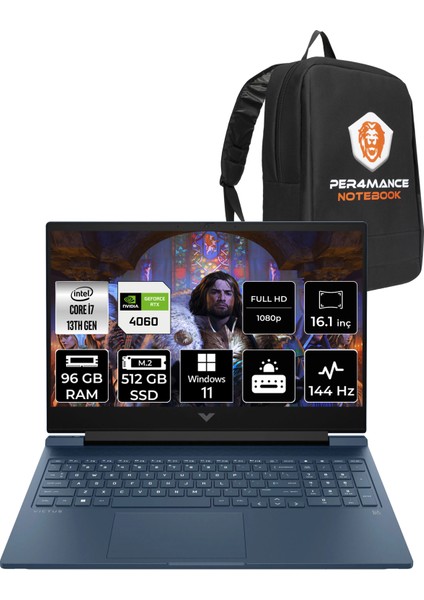 Victus 16 Intel Core i7 13700H 96GB 512GB SSD RTX4060/8GB 16.1" FHD 144Hz W11P Taşınabilir Bilgisayar & PER4 Çanta 8B5Z9EAPN417