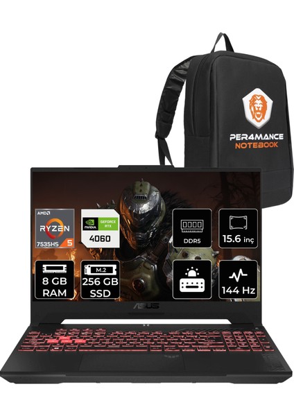 Tuf Gaming A15 Amd Ryzen 5 7535HS 8gb 256GB SSD RTX4060/8GB 140W 15.6" Fhd 144Hz Fdos Taşınabilir Bilgisayar & Per4 Çanta FA507NVLP105P301