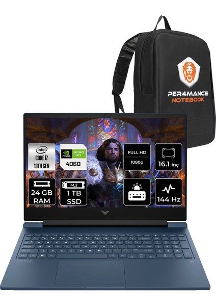 Victus 16 Intel Core i7 13700H 24GB 1TB SSD RTX4060/8GB 16.1" FHD 144Hz FDOS Taşınabilir Bilgisayar & PER4 Çanta 8B5Z9EAPN313