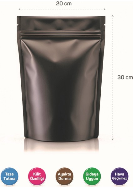 Mat Siyah Alüminyum Kilitli Doypack 20X30