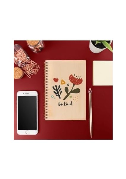 Be Kind Çiçek Tasarımlı 8 cm x 12 cm Ölçülerinde Çizgisiz 48 Yaprak Ahşap Kapaklı Defter