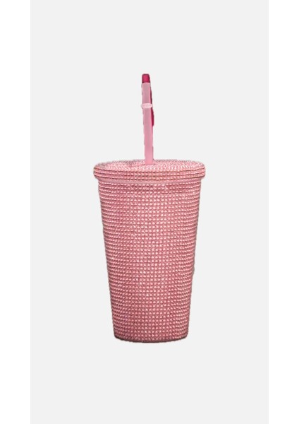 Rhinestones Parlak Taşlı Pipetli Çift Kat Soğuk Içecek Için Şık 500ML Mug Termos Bardak (Açık Pembe)