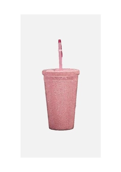 Rhinestones Parlak Taşlı Pipetli Çift Kat Soğuk Içecek Için Şık 500ML Mug Termos Bardak (Açık Pembe)