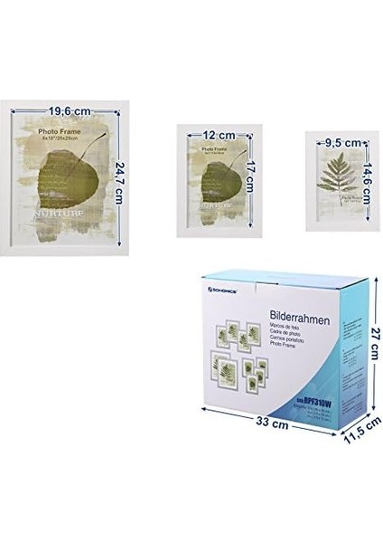 10 Fotoğraf Çerçevesinden Oluşan Resim Çerçevesi Seti - 2 Adet 20 x 25 cm , 4 Adet 13 x 18 cm ve 4 Adet 10 x 15 cm Ahşap Bordür Beyaz RPF310W