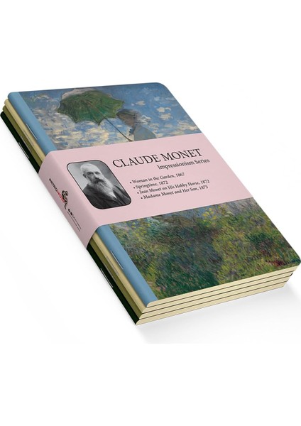 Impressionism Series - A6, Claude Monet 4'lü Defter Seti I, Çizgisiz, Toplam 192 Sayfa, Her Biri 48 Sayfa, Tel Dikiş, Esnek Kapak, Oval Kenar, Tuval Doku, 60 Gram, Sarı Krem Renk