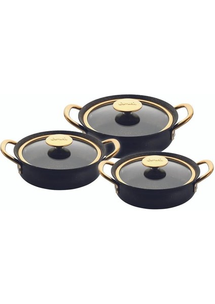 3724 - 6 Parça, Bio Granit, Sağlıklı, Bakraç Model Sahan Seti Siyah Gövde, Gold Detay fiyatları