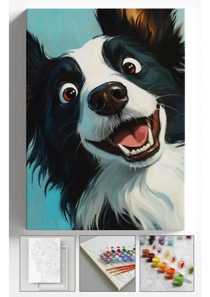 Sayılarla Boyama Çerçeveli Hobi Seti Numaralı Tuval Fırça Boya Dahil Kasnaklı 40X50 cm Gülen Köpek