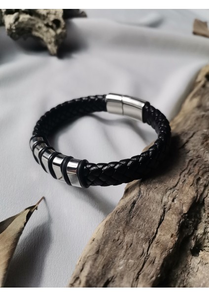 Erkek Siyah Titan Weave 316 L Çelik ve Deri Bileklik fiyatları