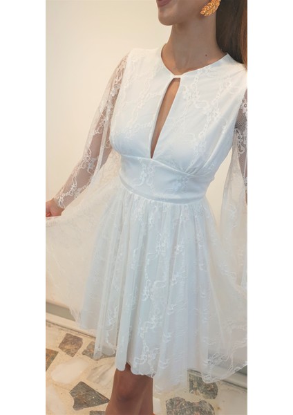 Tasarım Tül Detaylı Beyaz Nikah& After Party&mezuniyet Elbisesi