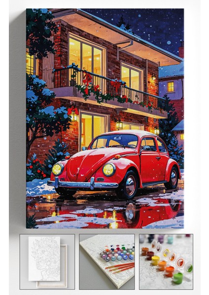 Sayılarla Boyama Çerçeveli Hobi Seti Numaralı Tuval Fırça Boya Dahil Kasnaklı 40X50 cm Kırmızı Ev Vosvos