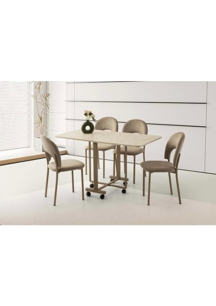 Katlanır Portatif Tekerlekli Mutfak Masa Sandalye Takımı Bej