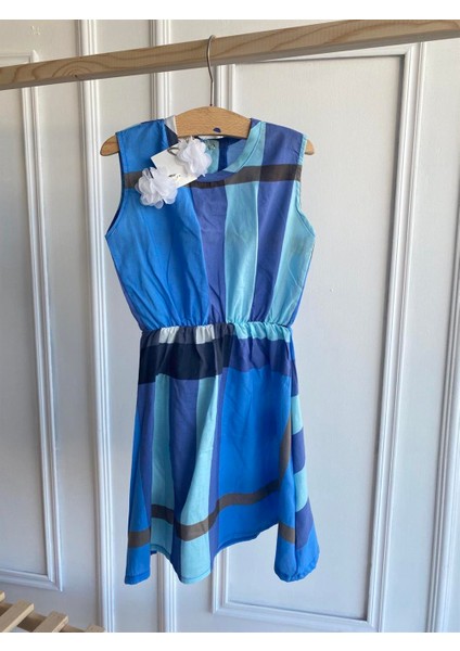 0015 - Kız Çocuk Mavi Lacivert Kareli Elbise indirimleri