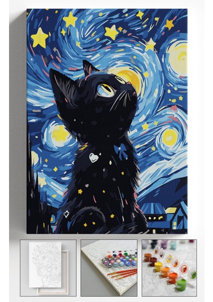 Sayılarla Boyama Çerçeveli Hobi Seti Numaralı Tuval Fırça Boya Dahil Kasnaklı 40X50 cm Yıldızlı Kedi