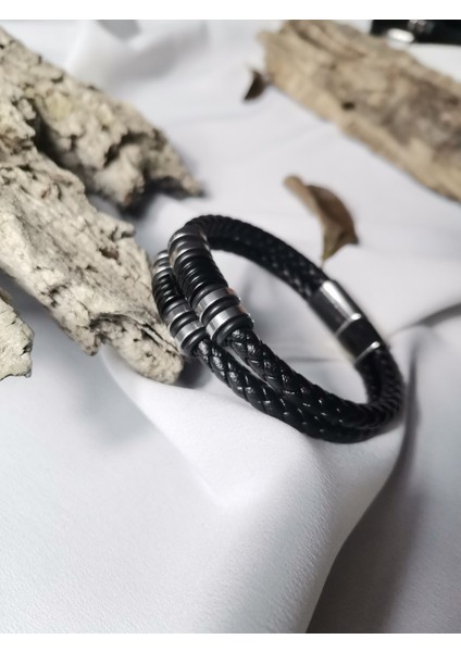 Erkek Siyah Supreme Bond 316L Çelik ve Deri Bileklik