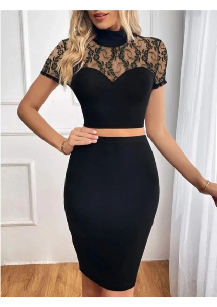 Kadın Kısa Kollu Yarı Balıkçı Yaka Dantelli Straplez Ithal Krep Crop Bluz ve Etek Ikili Takım