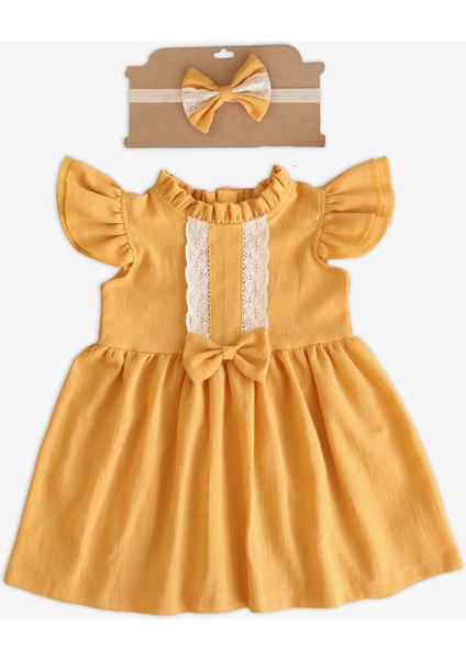 Kız Bebek Laila Dantel Detay Hardal Şile Bezi Elbise Bandana Takım fiyatları