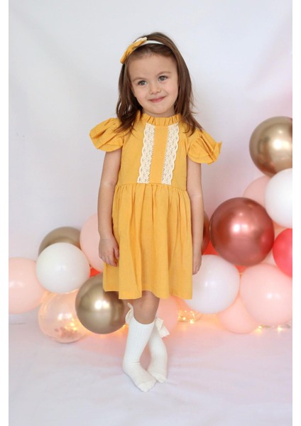 Kız Bebek Laila Dantel Detay Hardal Şile Bezi Elbise Bandana Takım modelleri