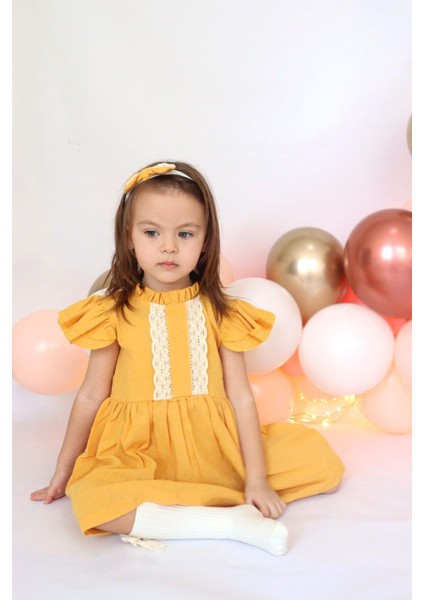 Kız Bebek Laila Dantel Detay Hardal Şile Bezi Elbise Bandana Takım fırsatları