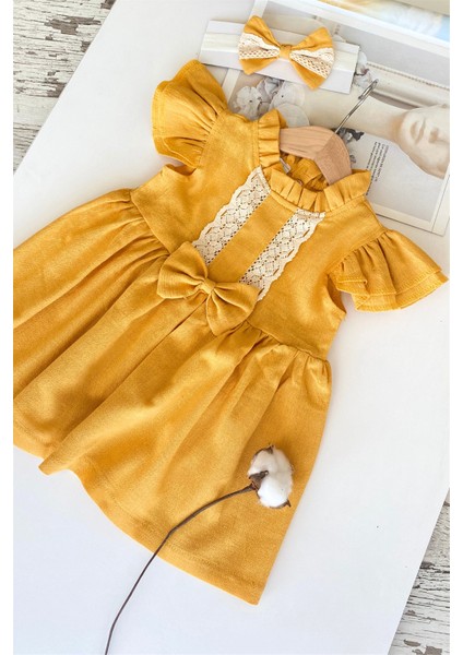 Kız Bebek Laila Dantel Detay Hardal Şile Bezi Elbise Bandana Takım indirimleri