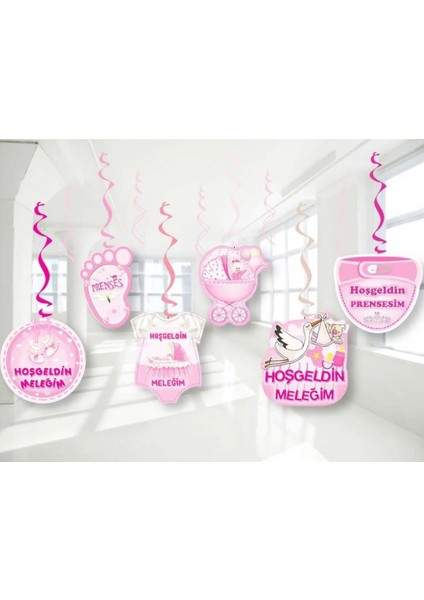Hoş Geldin Bebeğim Meleğim Yazılı Temalı Pembe 6'lı 70 cm Çift Taraflı Sarkıt Tavan Süsü