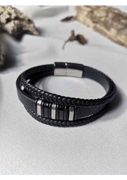 Erkek Siyah Shadow Elite 316L Çelik ve Deri Bileklik modelleri