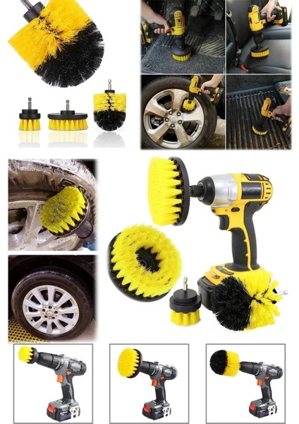 3'lü Set Matkap Ucuna Takılabilen Banyo Küvet Duşakabin Oto Lastik Koltuk Yıkama Temizleme Fırçası